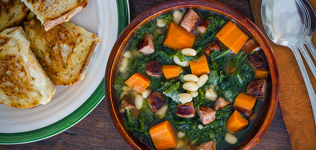 White Bean & Kale Soup with Grilled Cheese Sandwiches