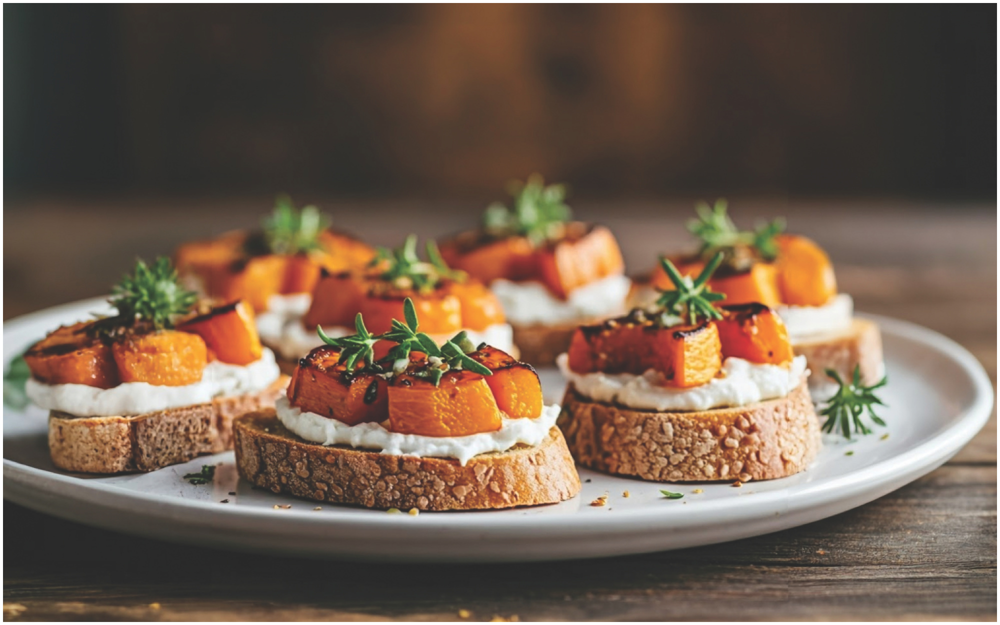 Roasted Pumpkin and Goat Cheese Crostini topped with caramelized leeks and balsamic glaze.