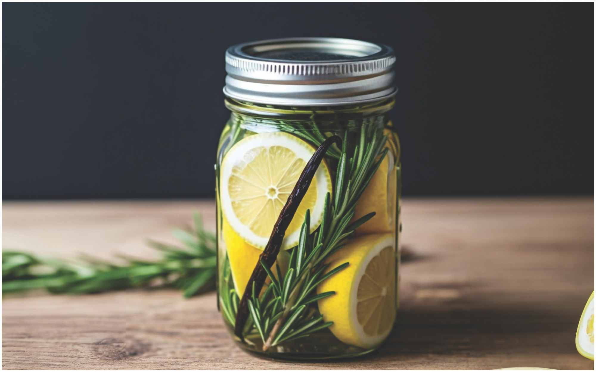 Lemons, rosemary, and vanilla bean in a mason jar for a holiday simmer pot.